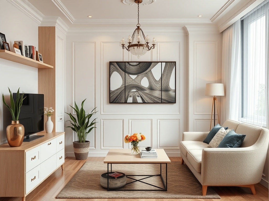 Современный интерьер гостиной с мягким диваном, декоративными элементами и стильным освещением.