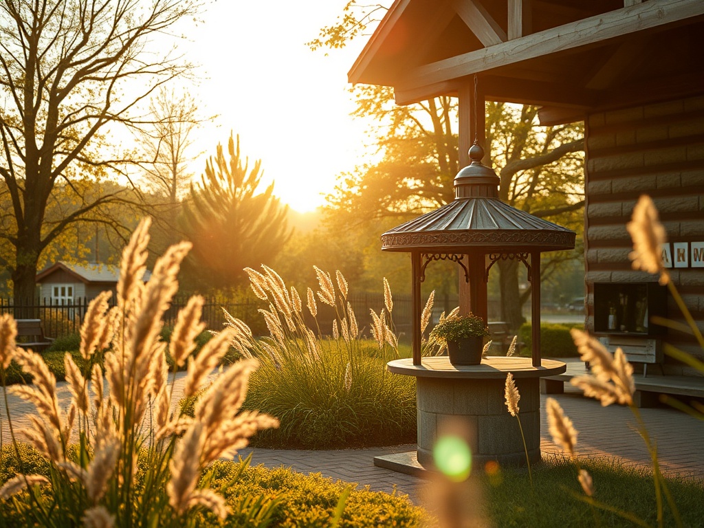 Светлый вечерний пейзаж с беседкой, полевыми травами и солнечными лучами, ослепляющими природу.